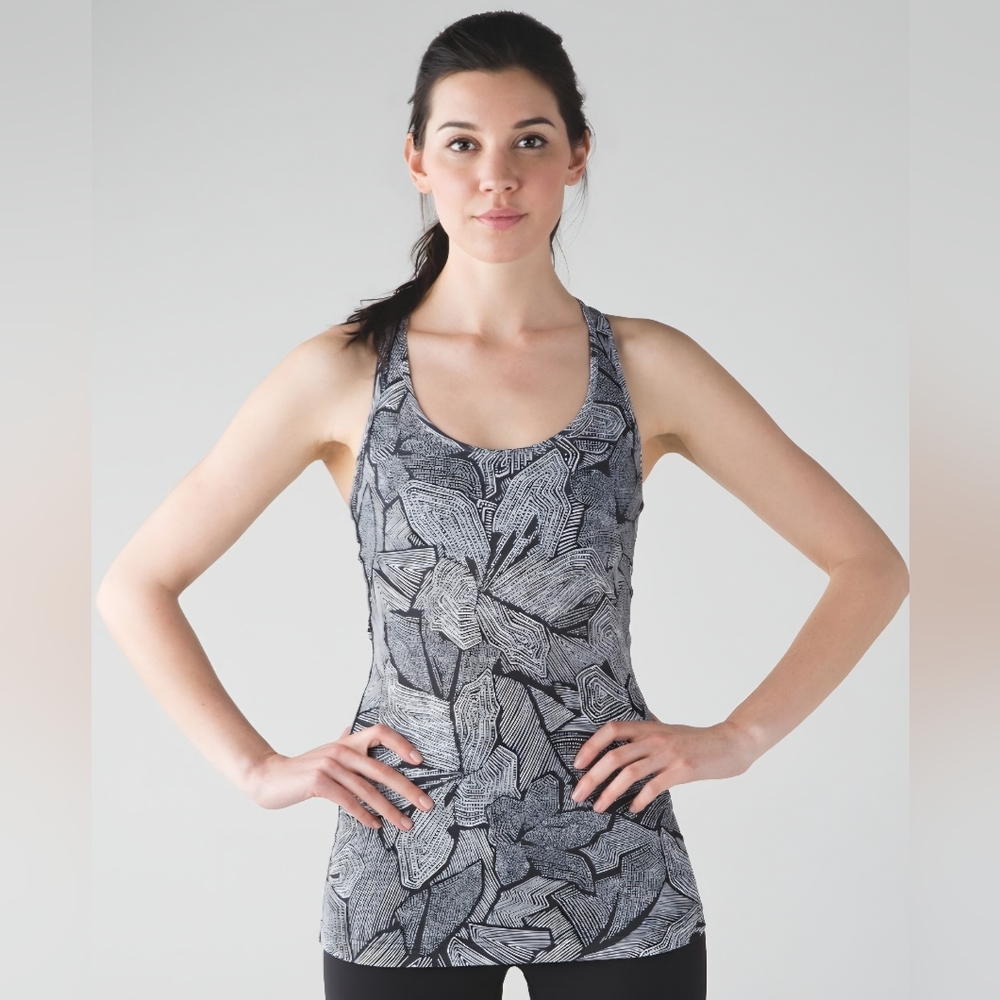 Lululemon Cool Racerback Floral Print Tank Top Black Gray
